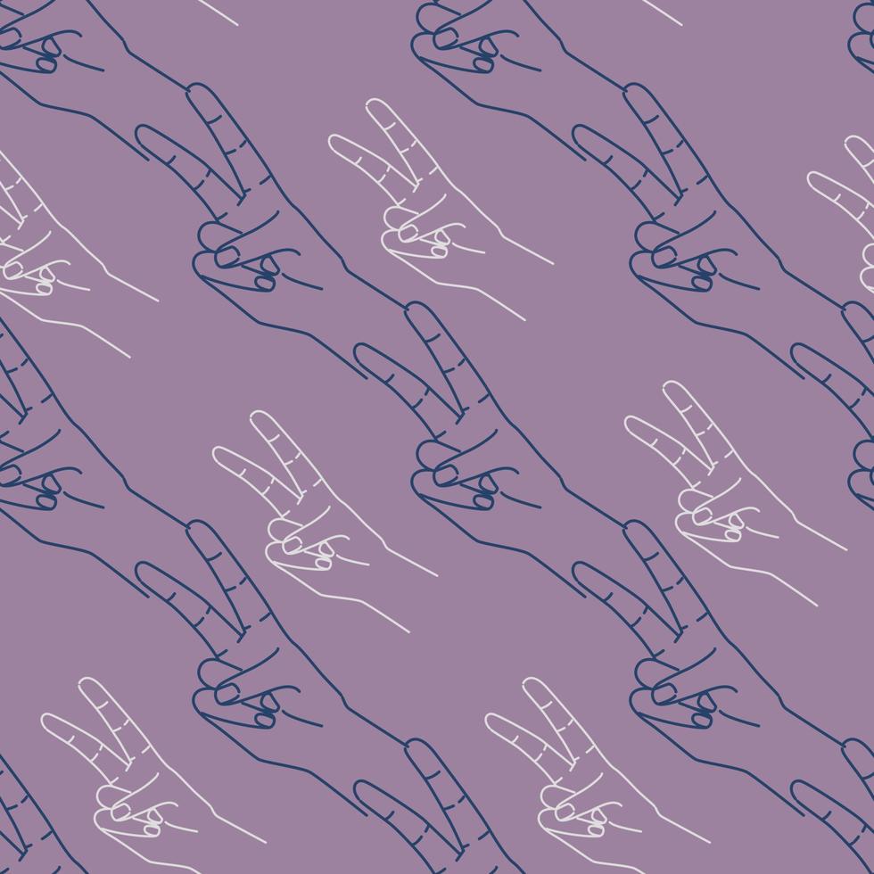 Hand showing two finger icon seamless pattern. Victory symbol. Silhouette purple and white contour on a purple background. vector
