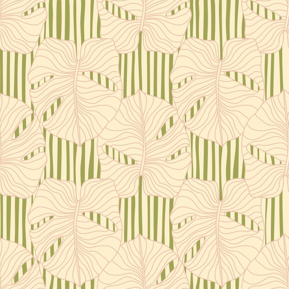 Tropical plant seamless pattern with doodle monstera tree leafs. Pink exotic ornament on green striped background. vector