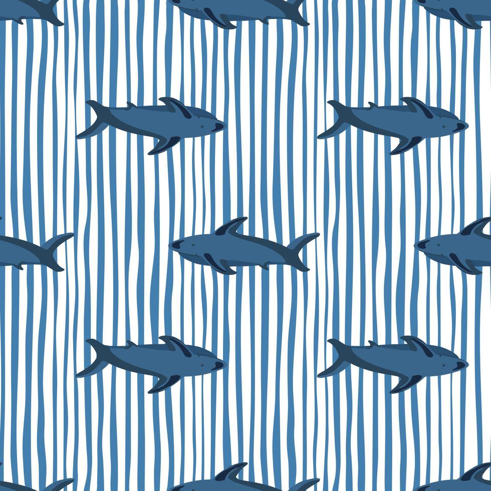 Decorative seamless pattern with navy blue shark shapes. White and blue striped background. Simple print. vector