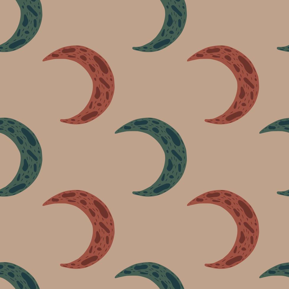 Seamless simple pattern with dark green and red moon ornament. Pale pink background. Kids print. vector