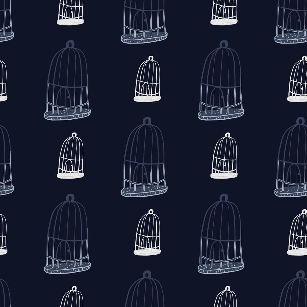patrón creativo sin costuras con estampado de jaula de pájaros vintage de dibujos animados de garabatos. fondo oscuro azul marino. vector