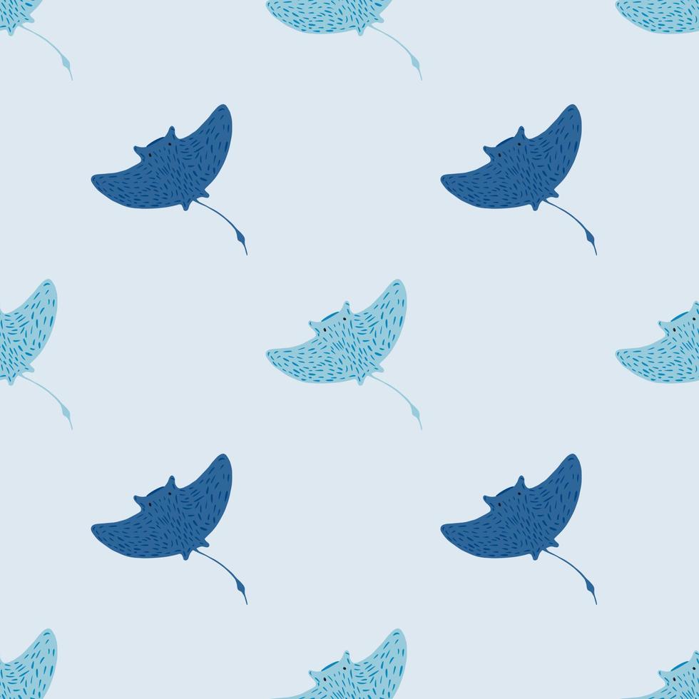 Seamless pattern in minimalistic style with ocean blue colored stingray shapes. Light background. vector