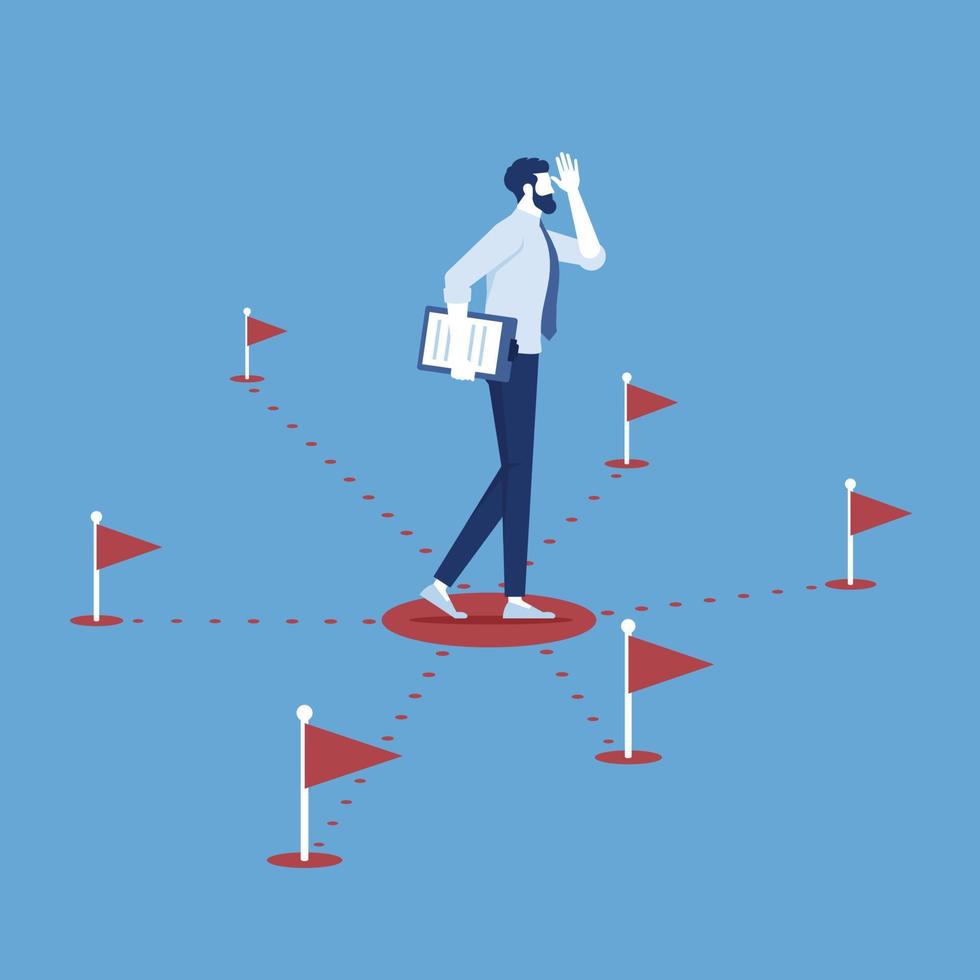 Business decision making, career path, work direction or choose the right way to success, businessman looking at multiple route with flag and thinking which way to go vector