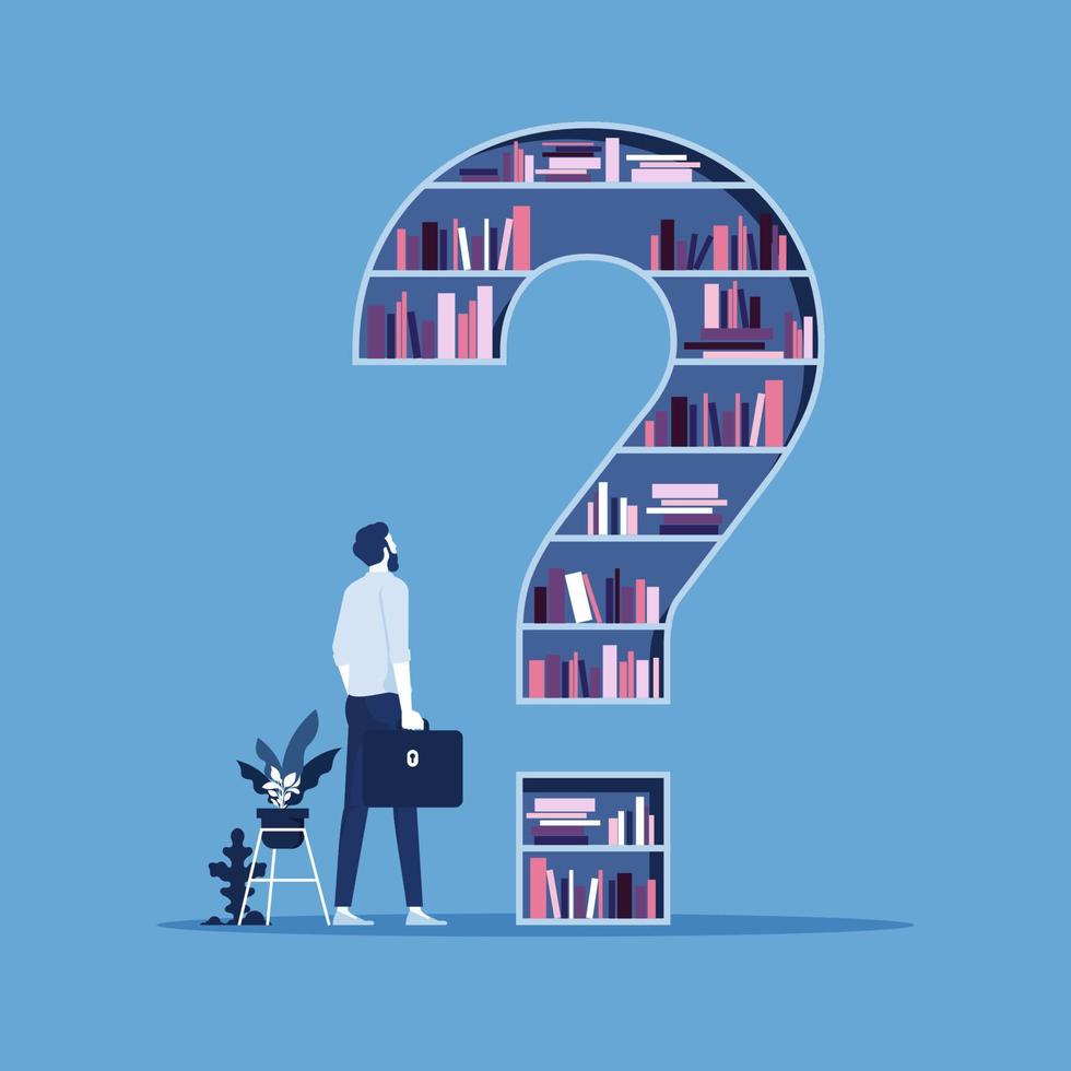 Businessman stands in front of a large closet with books in the form of a question mark, and think what choice to make vector