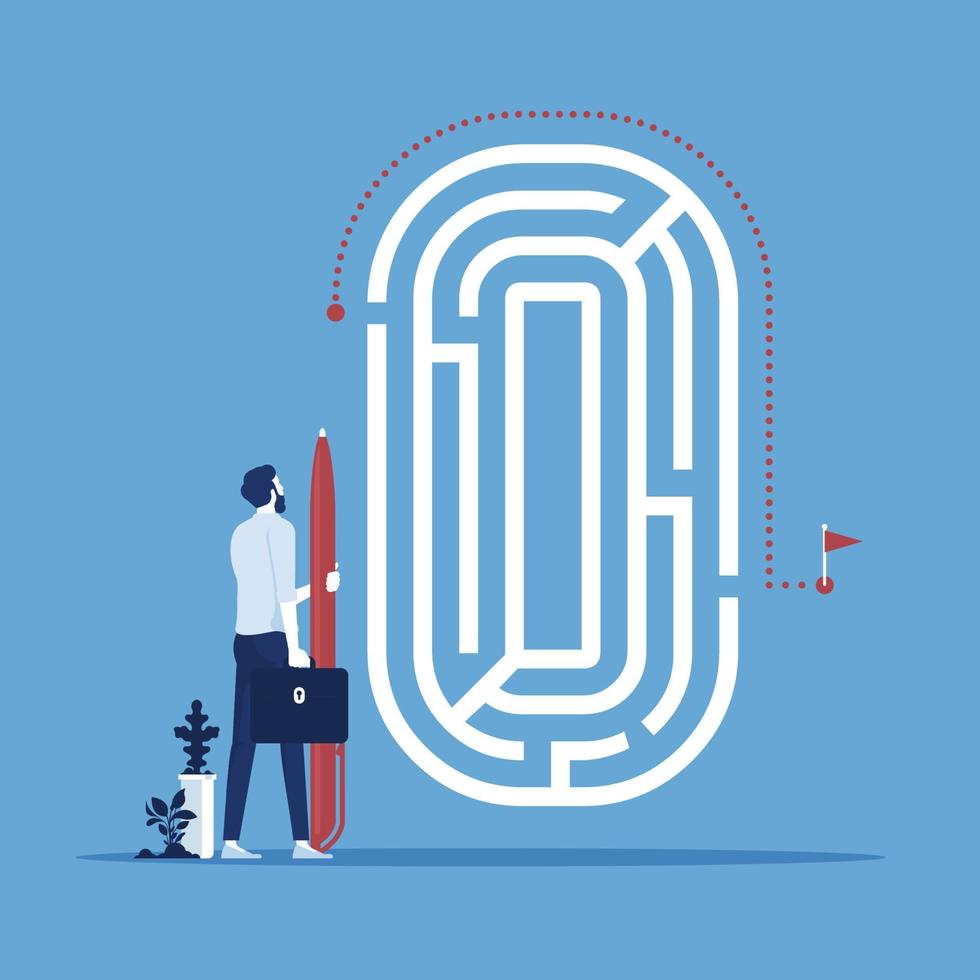 businessman with route path go around the maze to goal, concept of ...