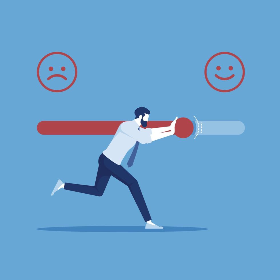 Businessman pushing satisfaction or loading progress level bar slider between smiley and upset customer face. Rating or review ranking bar, feedback rate emoticon illustration concept vector