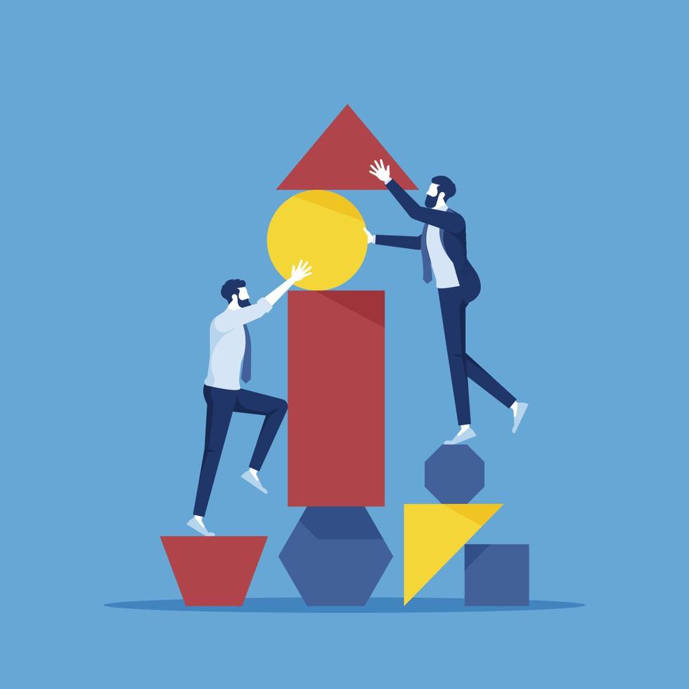 teamwork arranging abstract geometric shapes, concept of good cooperation and teamwork vector