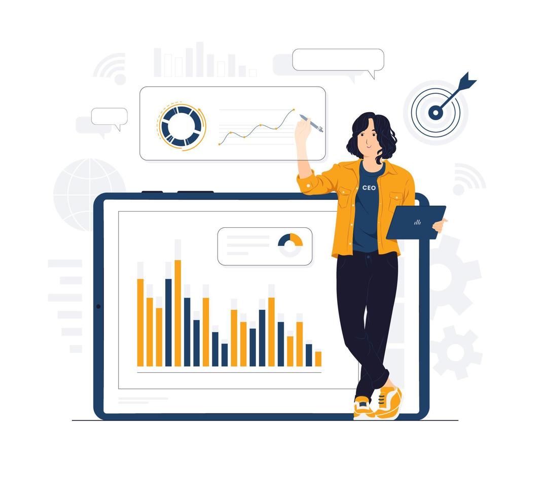 Female CEO holding tab and pen doing Data analysis with virtual interface concept illustration vector