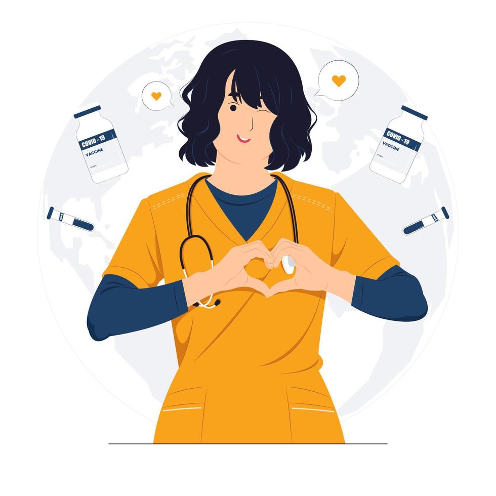 Female Doctor wink while smiling showing heart gesture and make a love sign with hand concept illustration vector