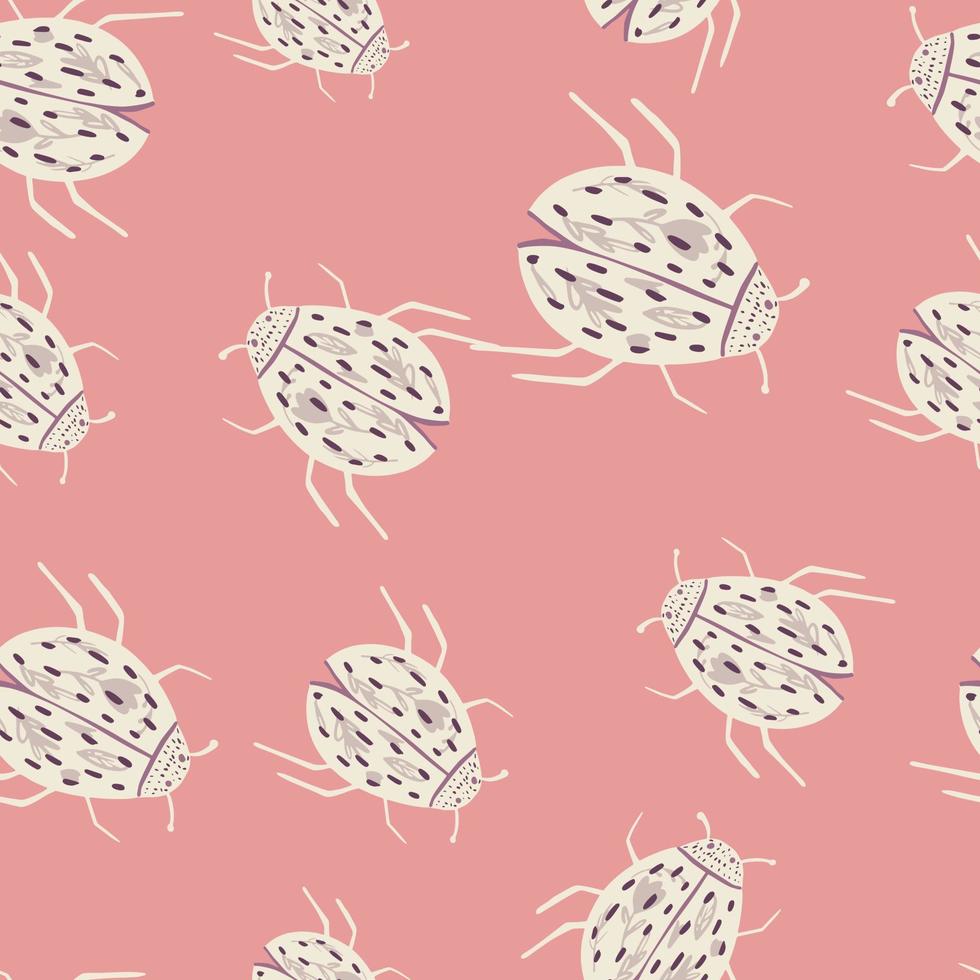 Random seamless pattern with doodle ladybug silhouettes. White and black colored insects ornament on pink background. vector