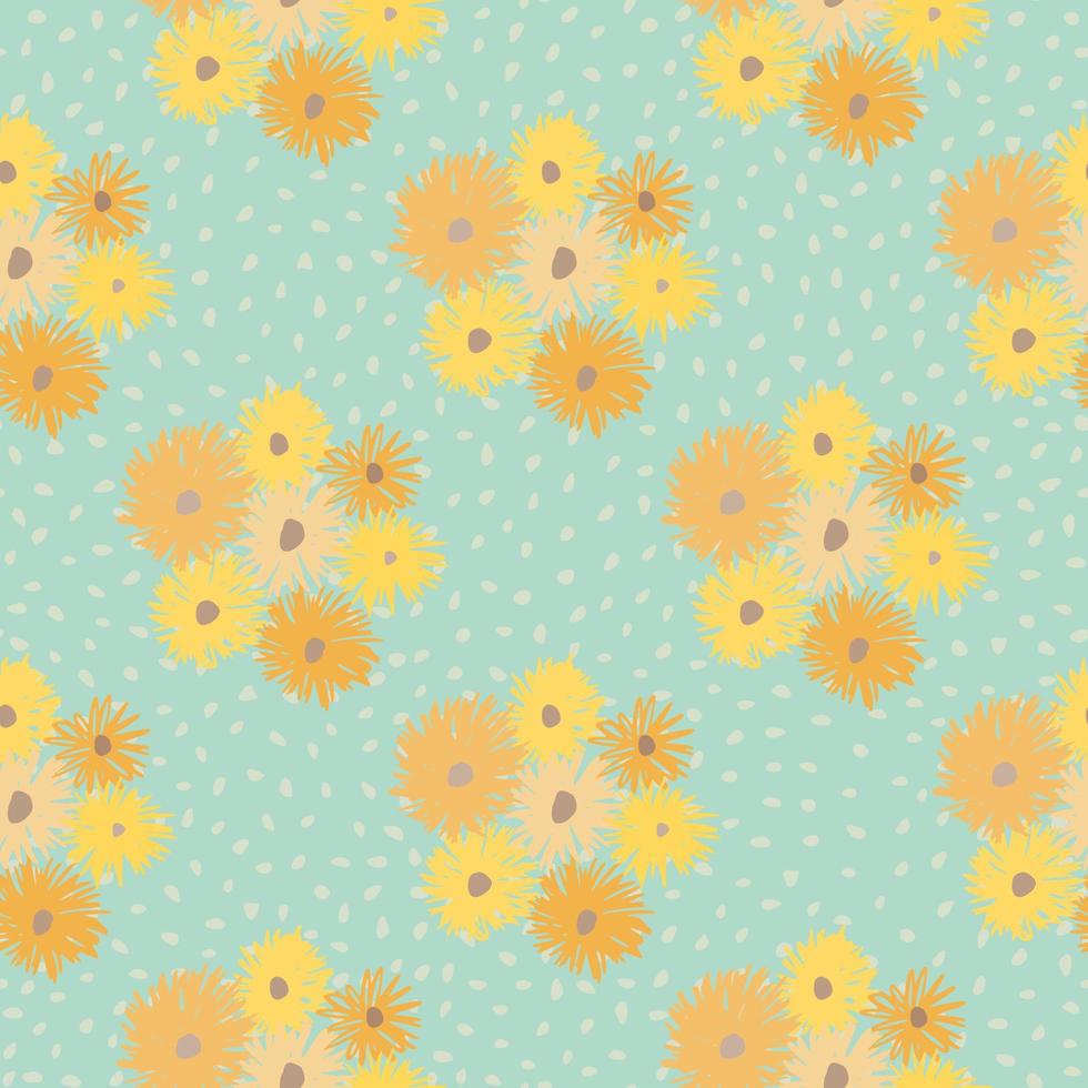 Summer chrusanthemum ornament seamless pattern. Light ble dotted background with flower shapes in yellow and orange tones. vector