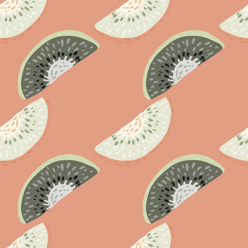 Pastel tones food seamless pattern with white and grey kiwi slice ornament. Pink background. vector