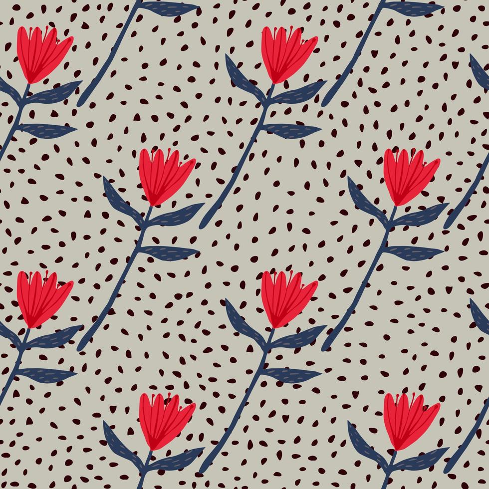 patrón de tulipán floral transparente en colores rojo y azul marino. fondo gris con puntos. diseño simple. vector
