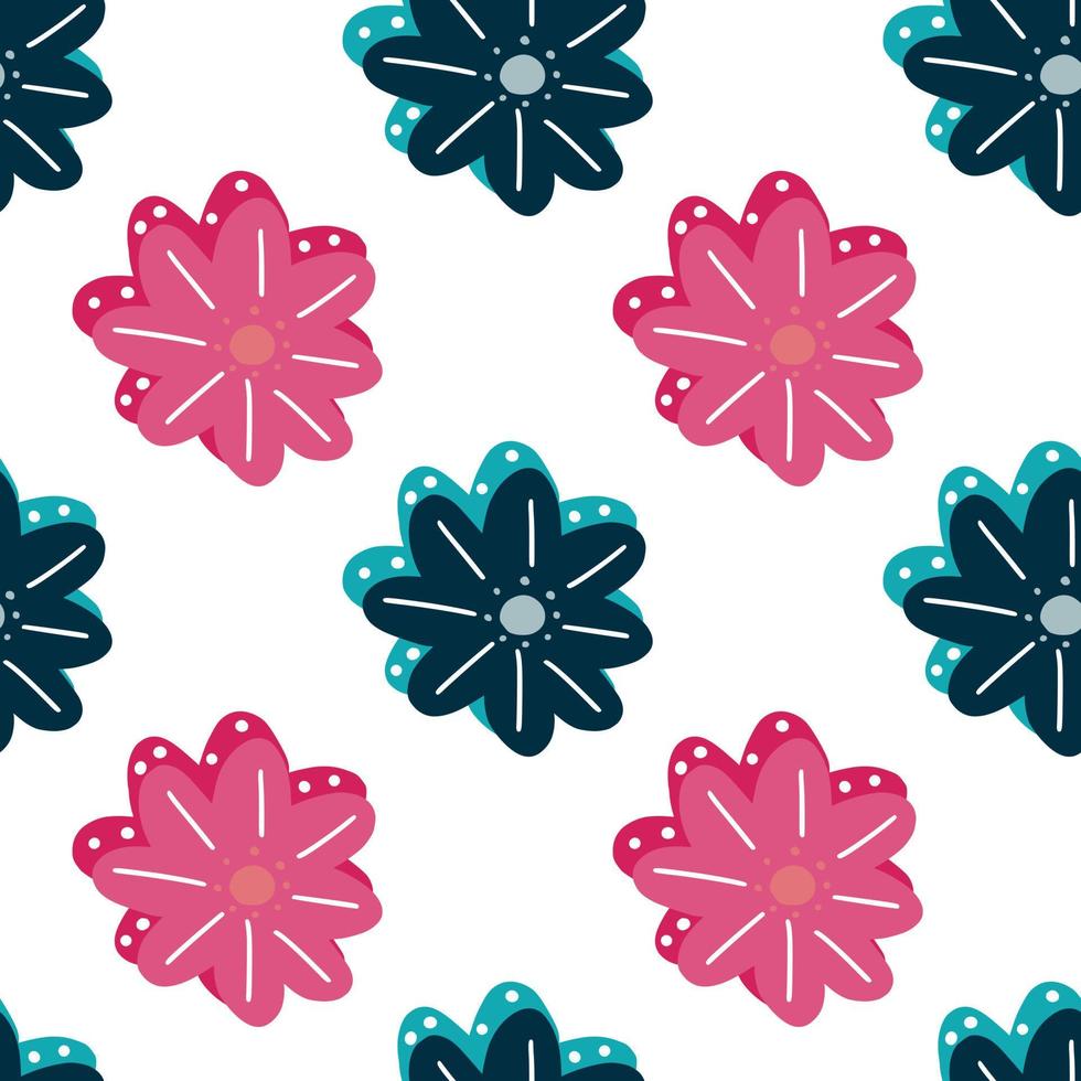 patrón transparente aislado de verano con estampado de flores de manzanilla azul marino y rosa. Fondo blanco. vector