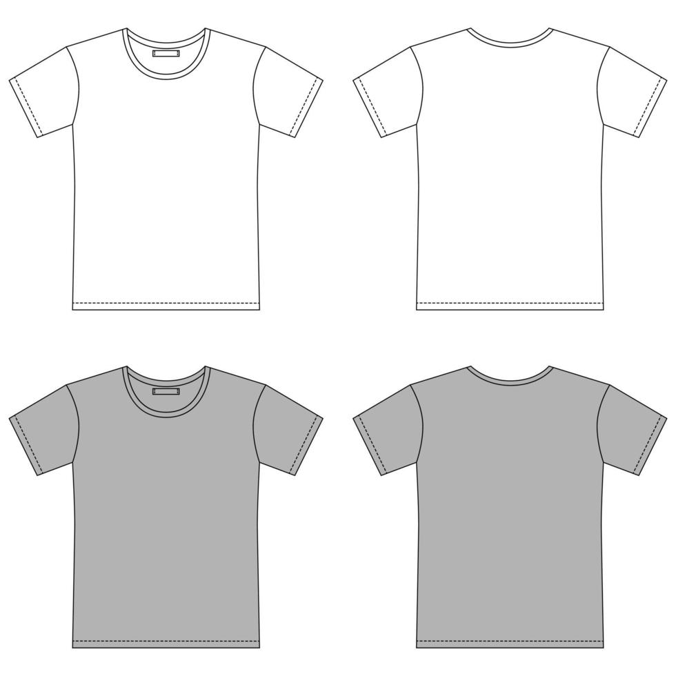 conjunto de boceto de contorno de camiseta en blanco. diseño de cad de camiseta de ropa. ilustración de moda técnica aislada vector