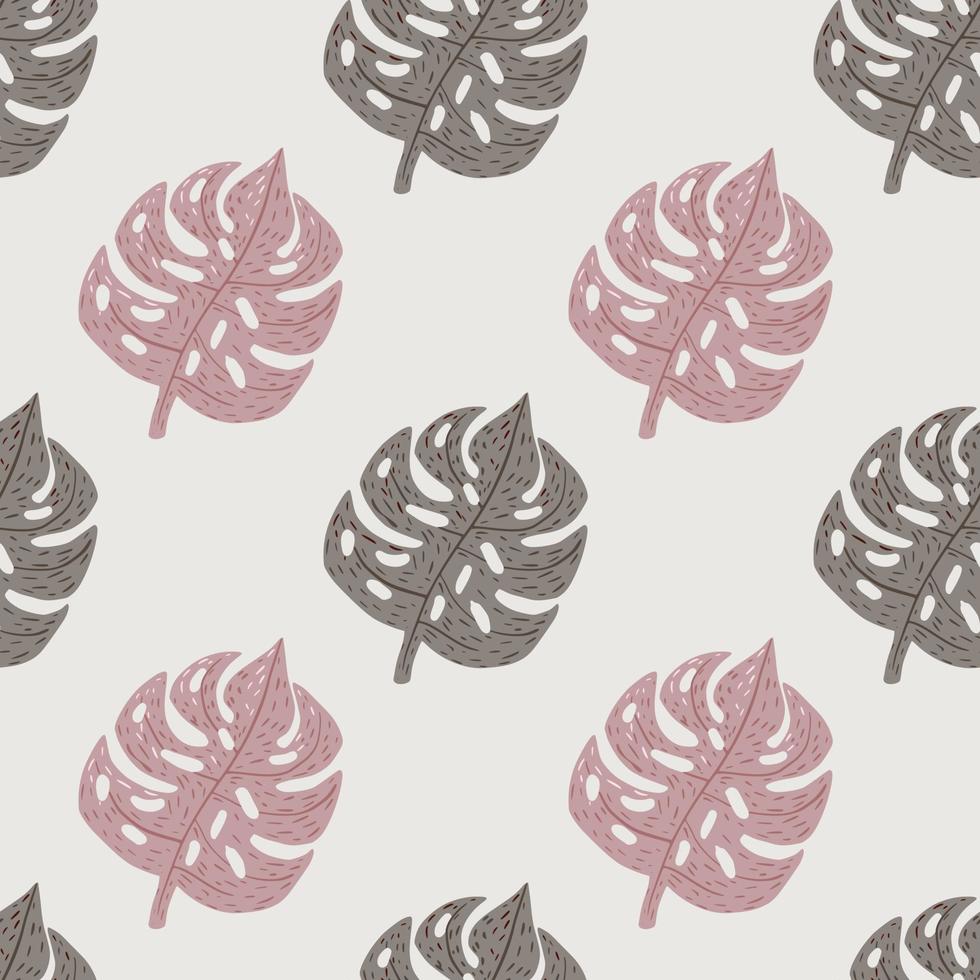 Seamless pattern in pale tones with exotic palm monstera leaf elements. Pink and purple pastel ornament. vector