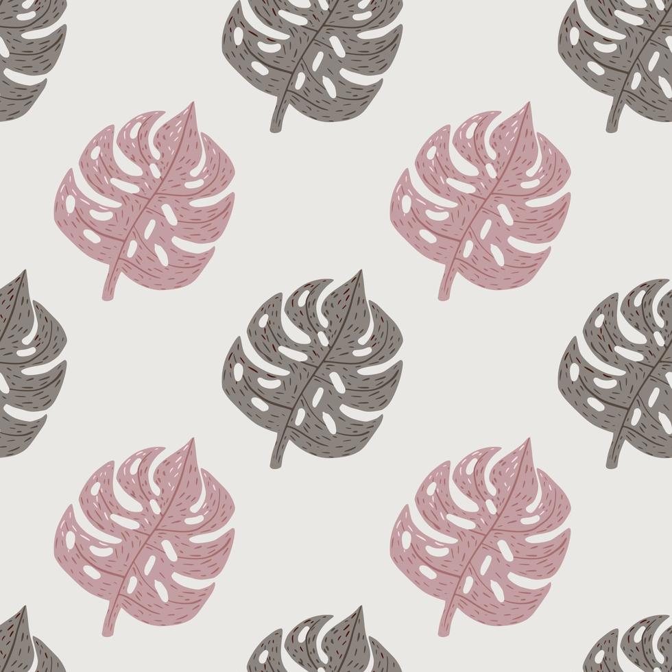 Seamless pattern in pale tones with exotic palm monstera leaf elements. Pink and purple pastel ornament. vector