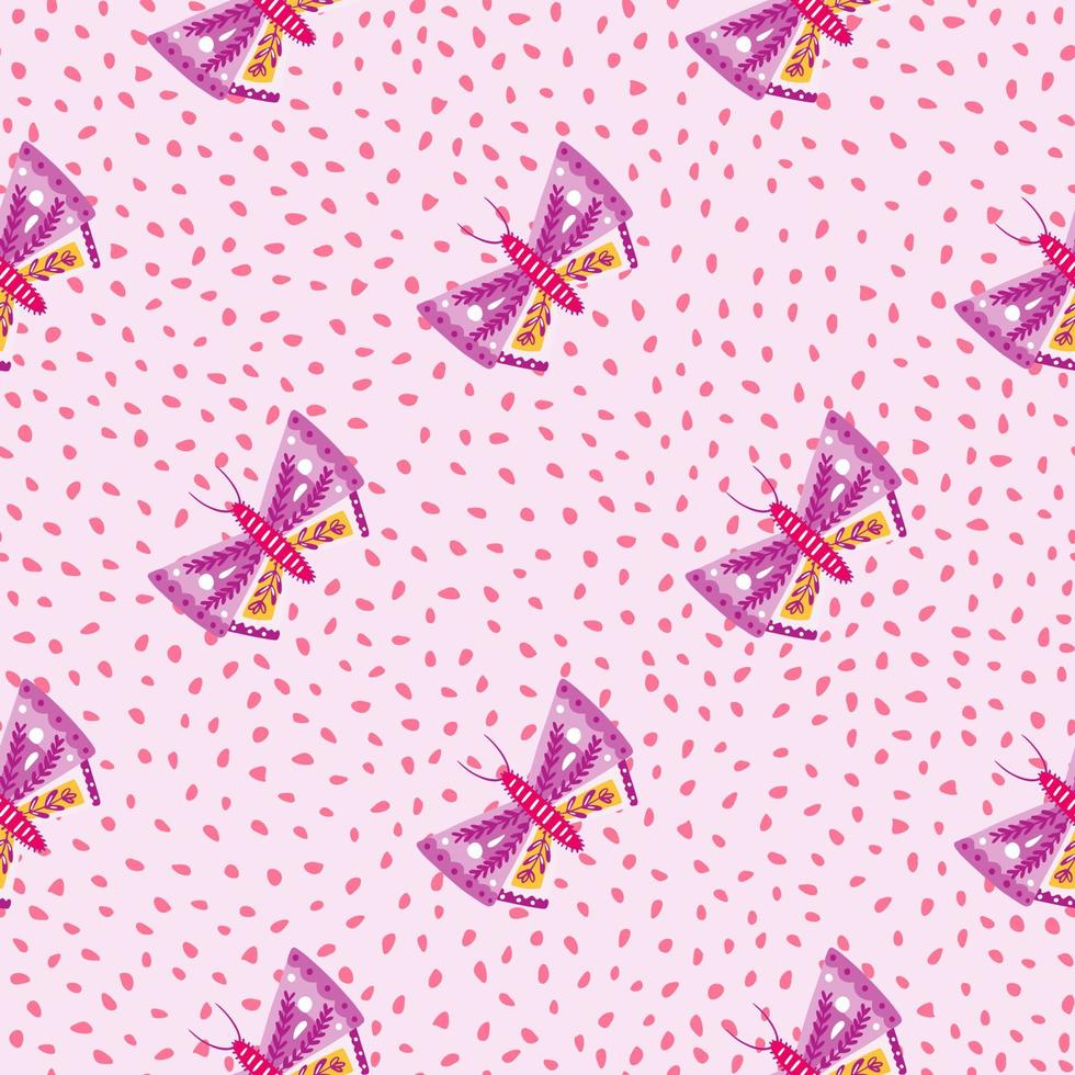 Summer decorative seamless pattern with lilac butterfly elements print. Light background with dots. vector