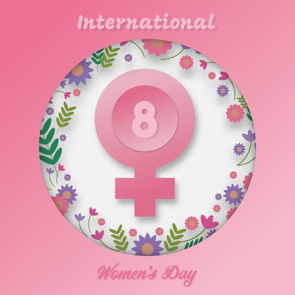 International Women's Day concept. Female symbol decorated with flowers and leaves and 8 numbers on a pink background. Equality, female strength, independence of thought and action. Flat design. vector
