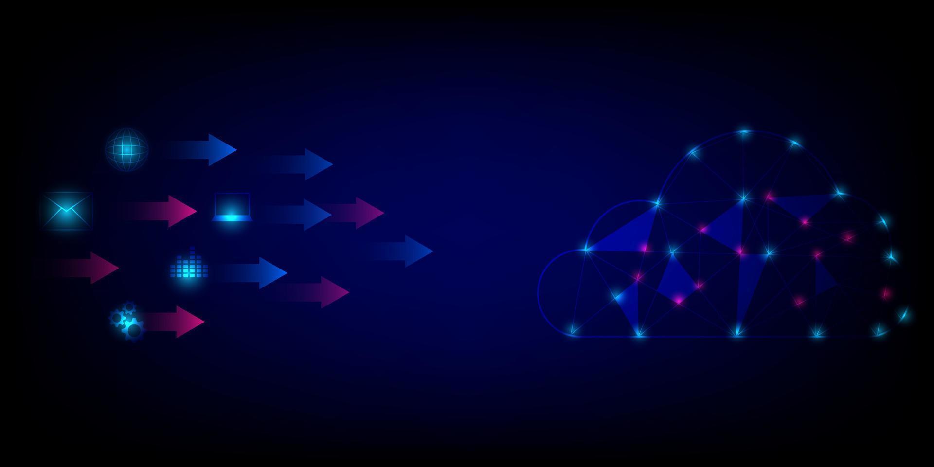 Cloud computing operating system concept. Polygon cloud and data transmission on blue background. Wireless file upload, technology download, secure data protection system. Business and technology. vector