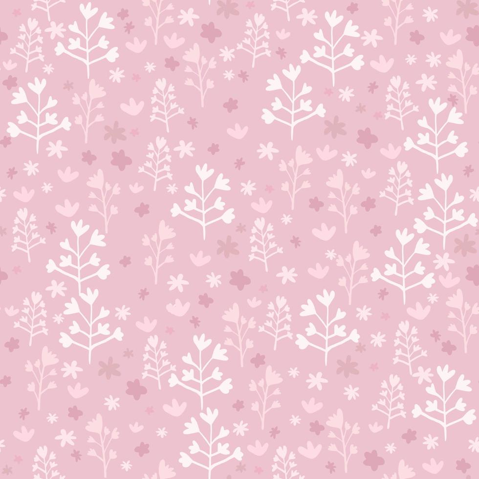 Pink seamless pattern with white floral little elements. Stylized hand drawn art work. vector