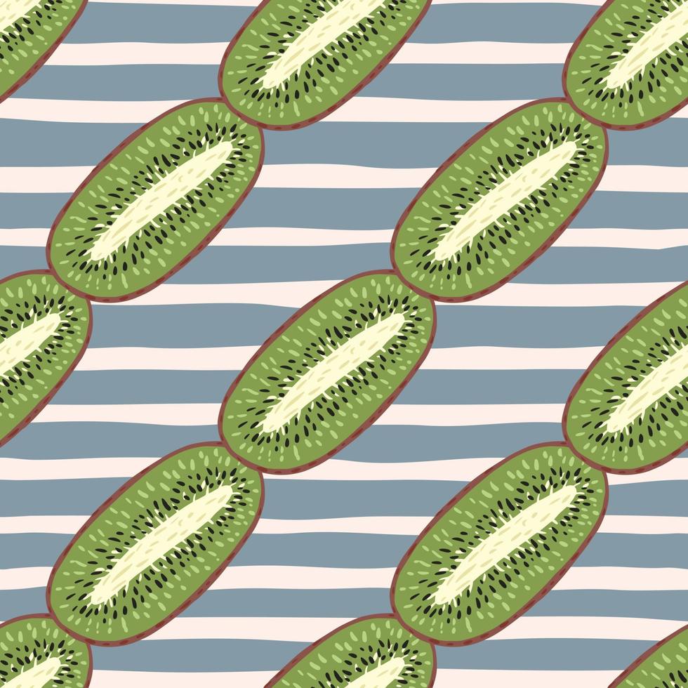 Simple organic seamless pattern with green kiwi elements. Pink and purple pastel striped background. vector