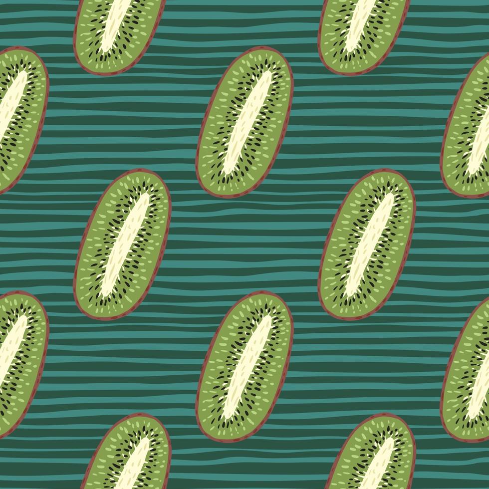 Fresh seamless doodle pattern with kiwi simple silhouettes in green color. Striped background. vector