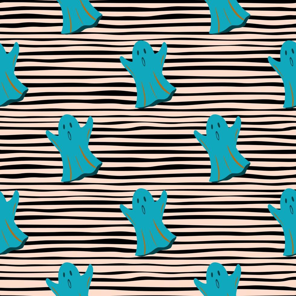Bright seamless halloween patten with ghosts silhouettes. Blue spooky print on stripped background. vector