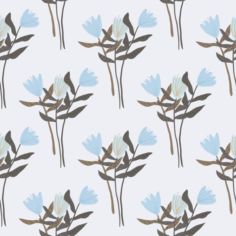 Seamless pattern with flowers bouquet silhouettes. Light background with blue botanic tulips and brown twigs. Abstract design. vector