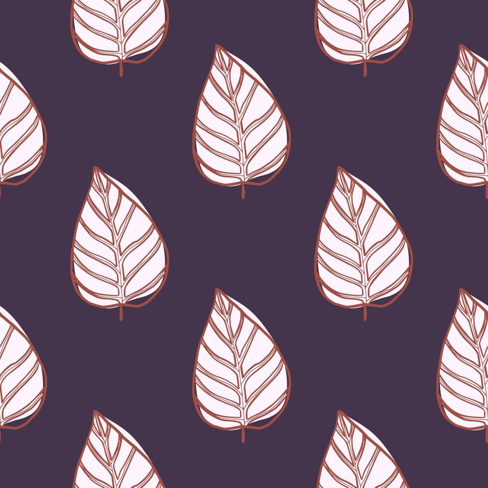 Botanic abstract leaf silhouettes seamless pattern. White floral shapes with contour on purple background. vector