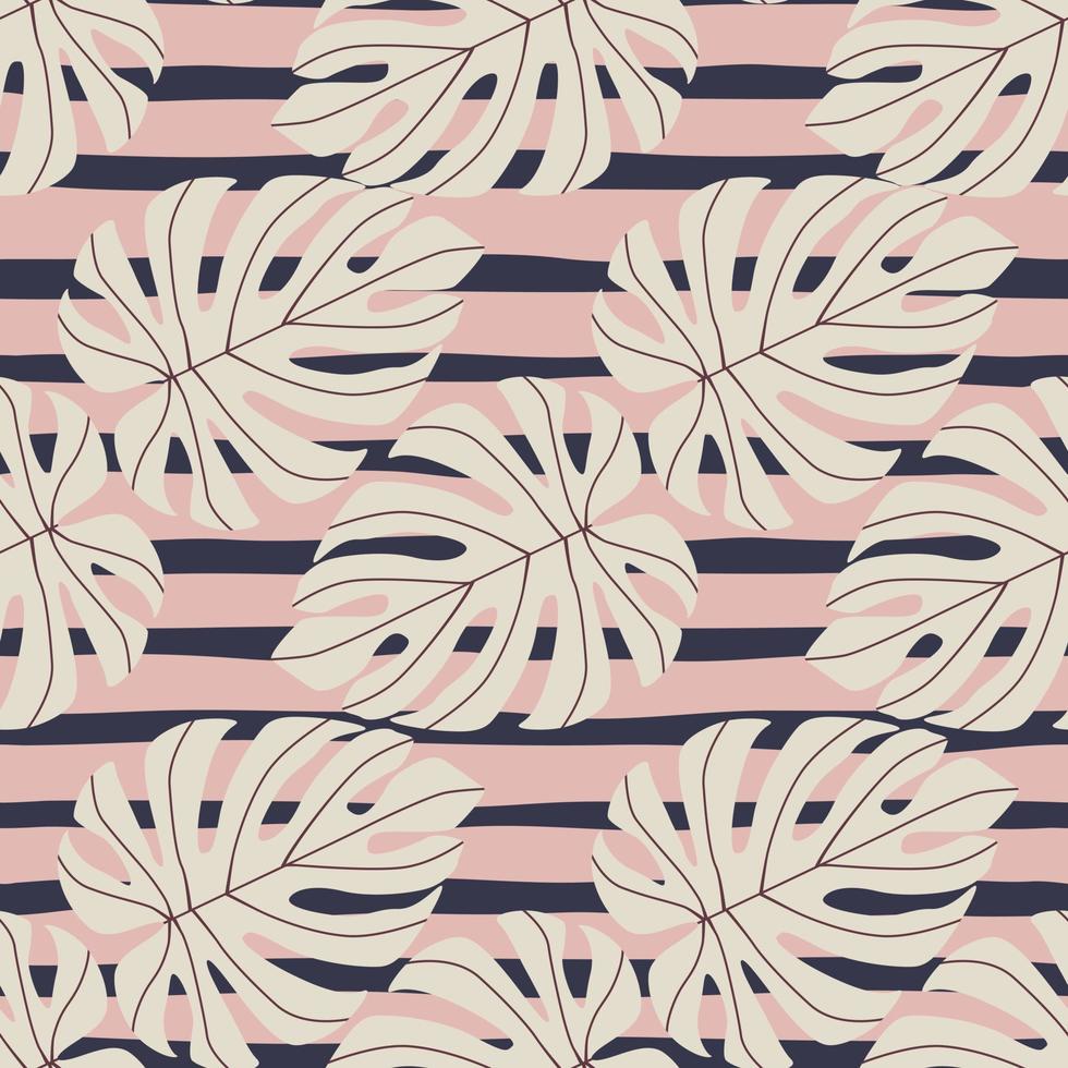 Nature seamless creative pattern with tropical monstera leaf silhouettes. Doodle botanic print with striped navy blue and pink background. vector
