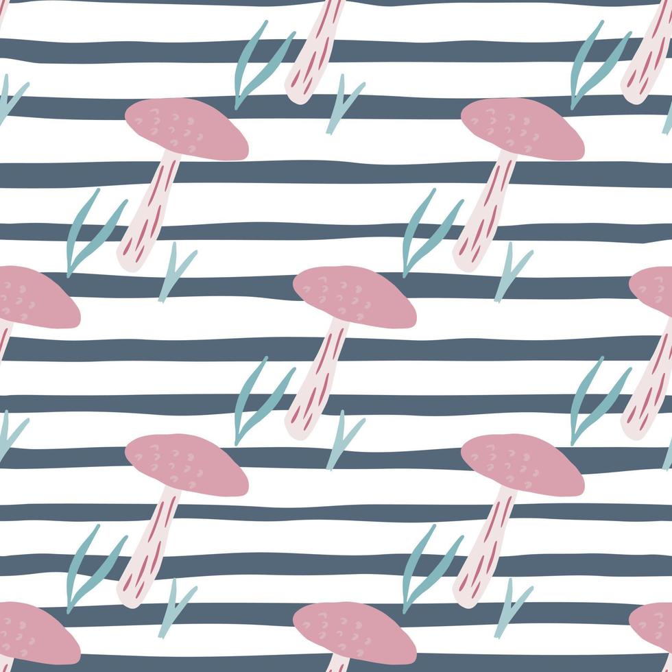 Pink simple mushroom ornament seamless pattern. Background with navy blue and white strips. Nature backdrop. vector
