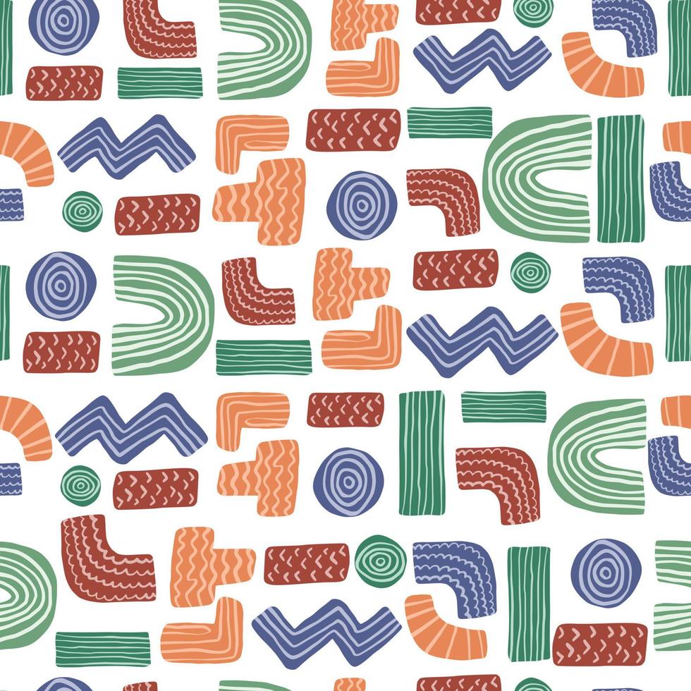 Abstract shapes vector seamless pattern. Zig zag, plus, minus, t symbol, line doodle shapes. Kids funny backdrop