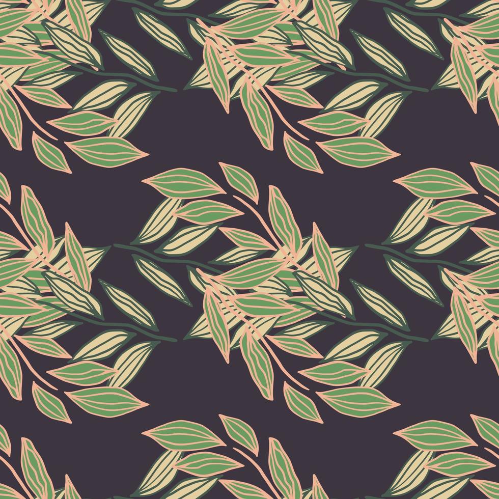 Seamless pattern with contoured green leaf branches ornament. Dark purple background. Simple backdrop. vector
