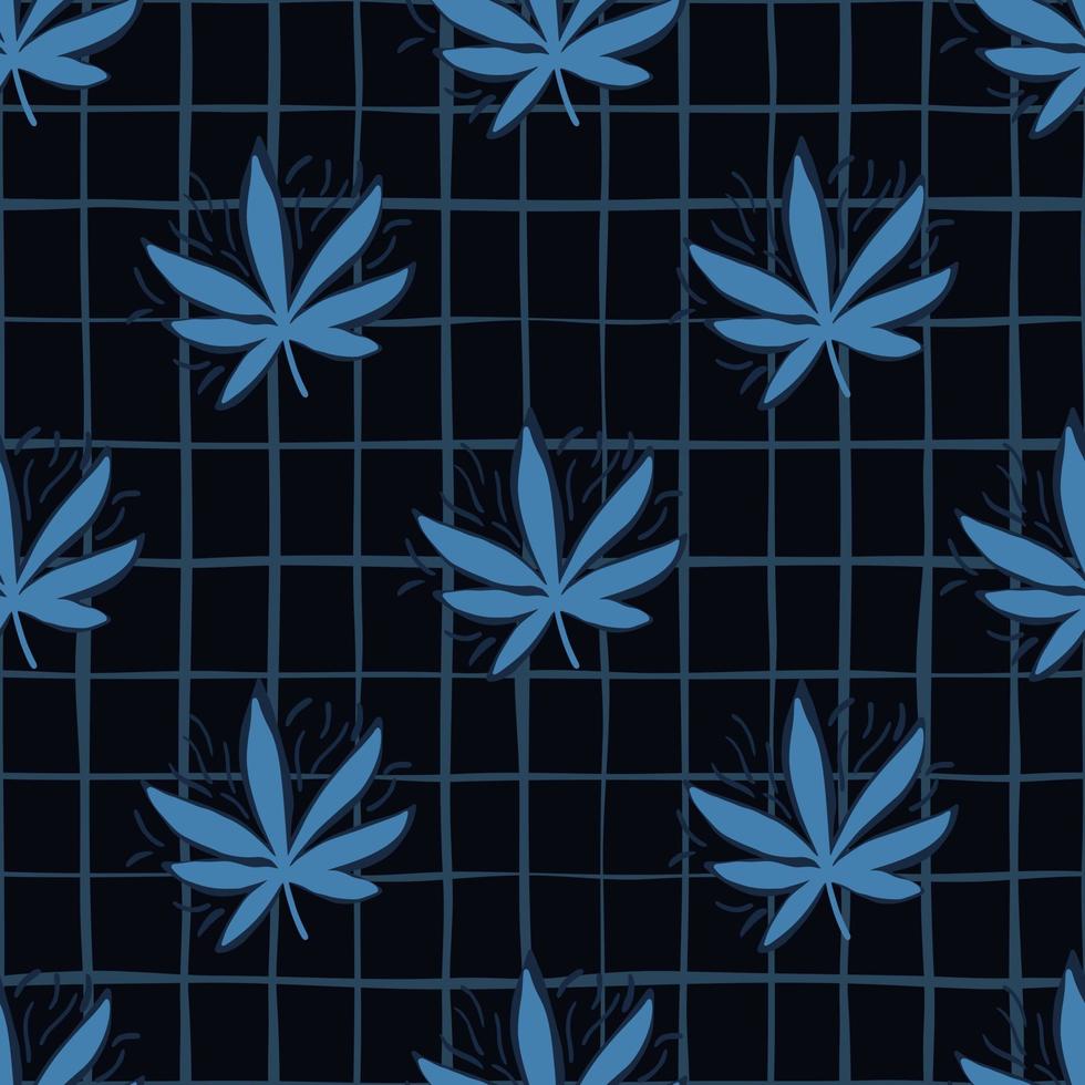 Seamless pattern with blue hemp leaves. Navy background with check. vector