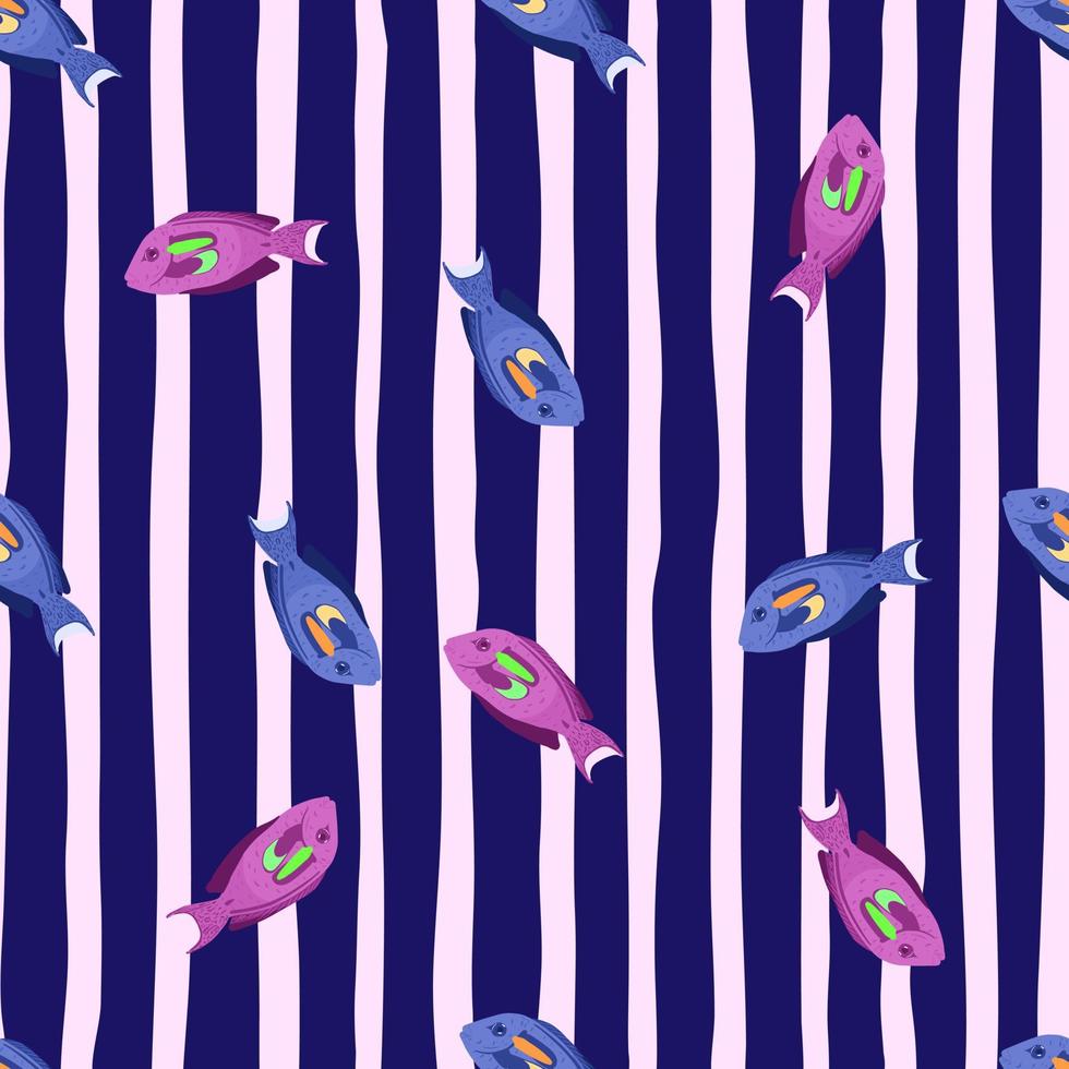 Bright seamless pattern with blue and purple fish shapes ornament. Navy blue and grey striped background. vector