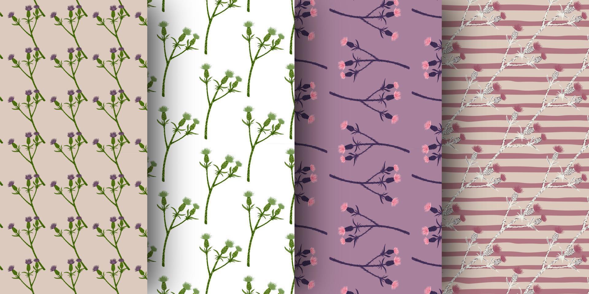 Set of seamless pattern with burdock branches ornament. Geometric flowers collection. vector