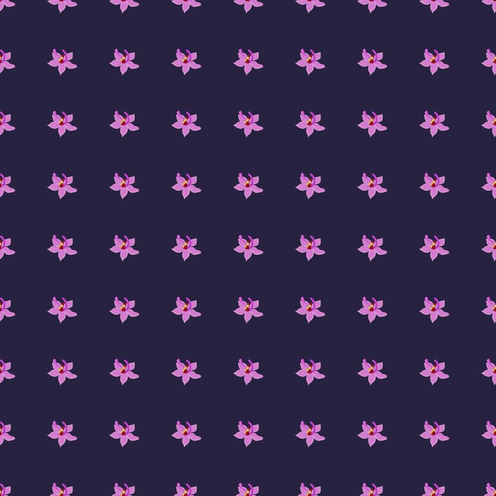 Abstract bloom seamless pattern with pink orchid flowers silhouettes. Navy blue background. vector