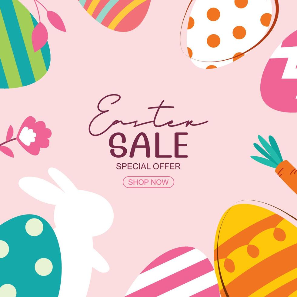 Plantilla de diseño de banner de venta de Pascua con huevos de colores y flores. uso para publicidad, volantes, carteles, folletos, cupones de descuento. vector