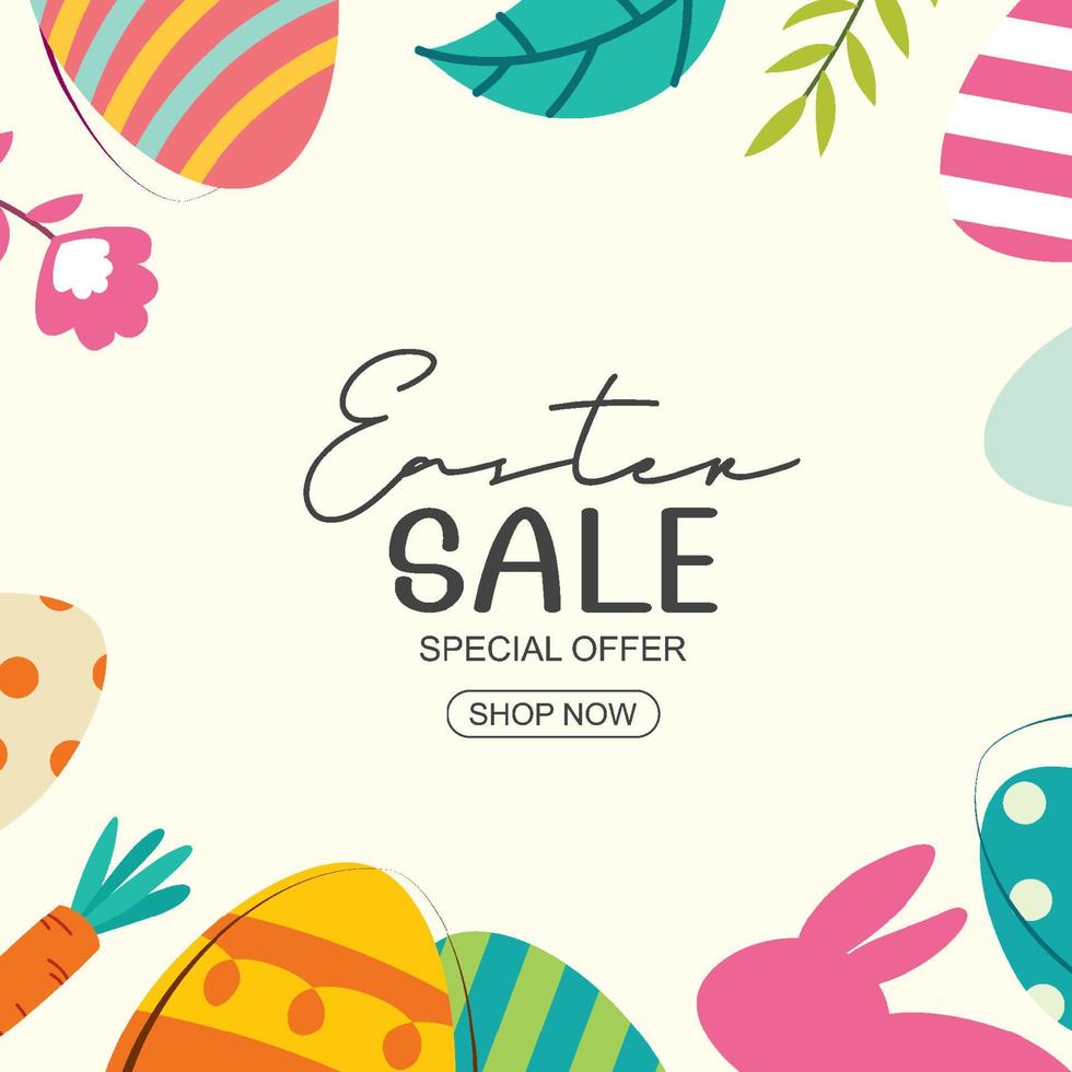 Plantilla de diseño de banner de venta de Pascua con huevos de colores y flores. uso para publicidad, volantes, carteles, folletos, cupones de descuento. vector