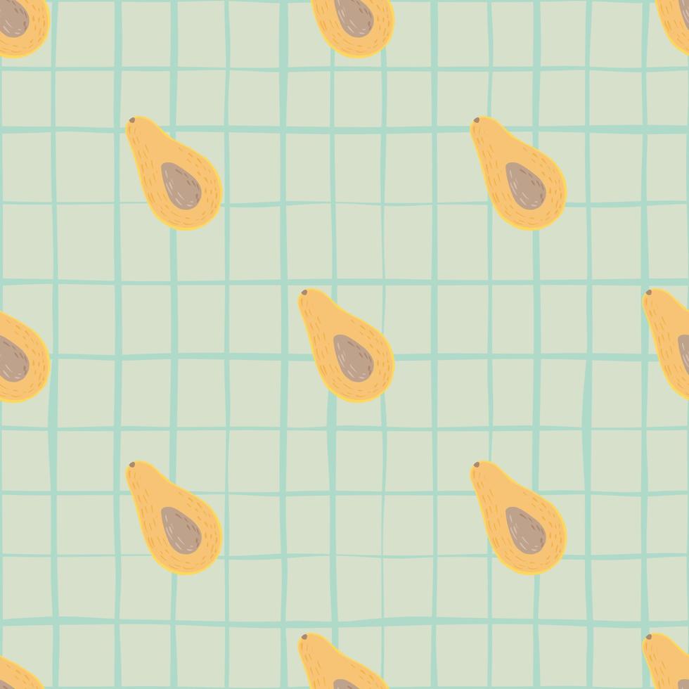 Simple avocado doodle silhouettes seamless pattern. Half fruit orange ornament on grey background with blue check. vector