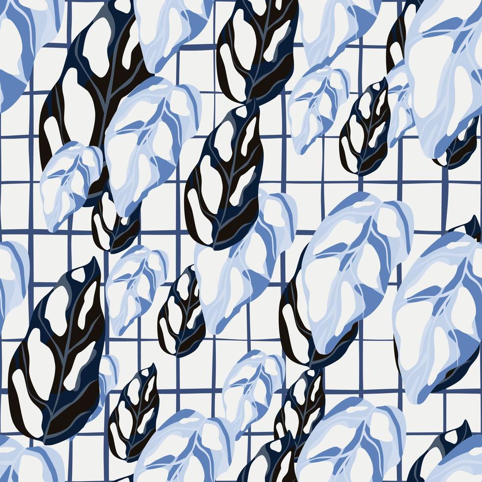 Random monstera silhouettes seamless pattern. Navy and blue tropic leaves on light chequered background. vector