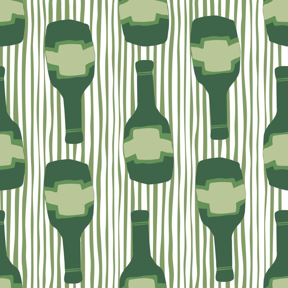 Funny green glass bottle seamless pattern on stripes background. Alcohol rum bottles. vector