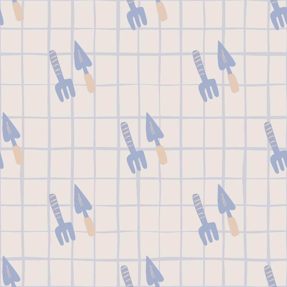 Pale seamless pattern with shovel and rake silhouettes. Light grey background with blue ornament and check. vector