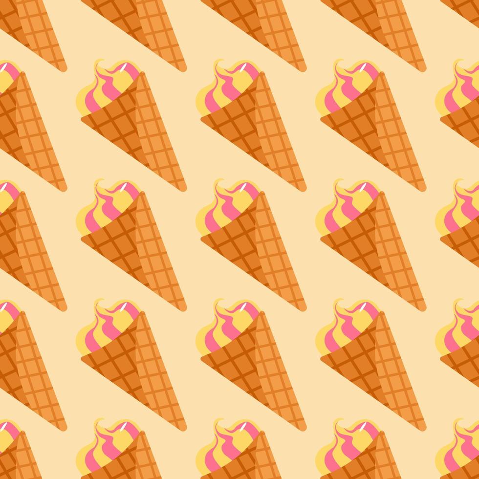 Seamless food pattern with ice cream in waffle cone on beige light background. vector