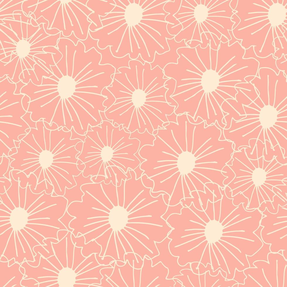 Outline contoured daisy seamless pattern. White daisies on pastel light pink background. vector