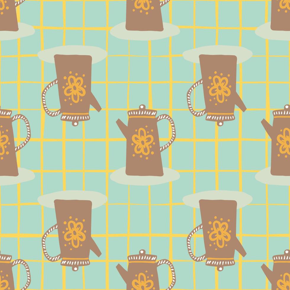 Brown teapots silhouettes seamless pattern. Hand drawn dish elements on tuquoise background with check. vector