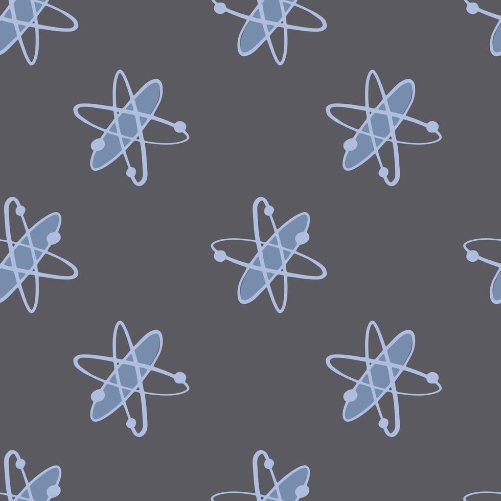 Dark tones chemistry seamless pattern with blue atom silhouettes. Dna formula cartoon print with grey background. vector