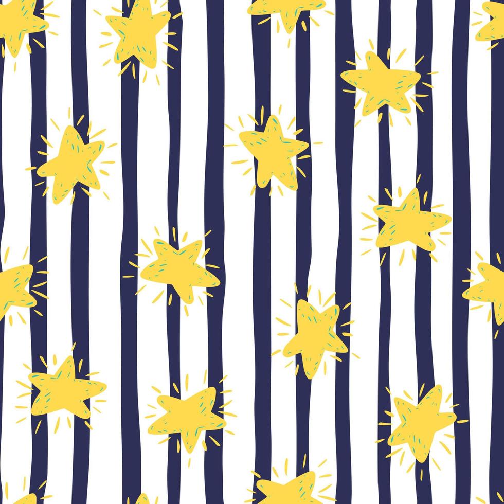 Bright contrast seamless pattern with yellow stars ornament. Monochrome background with black and white strips. vector