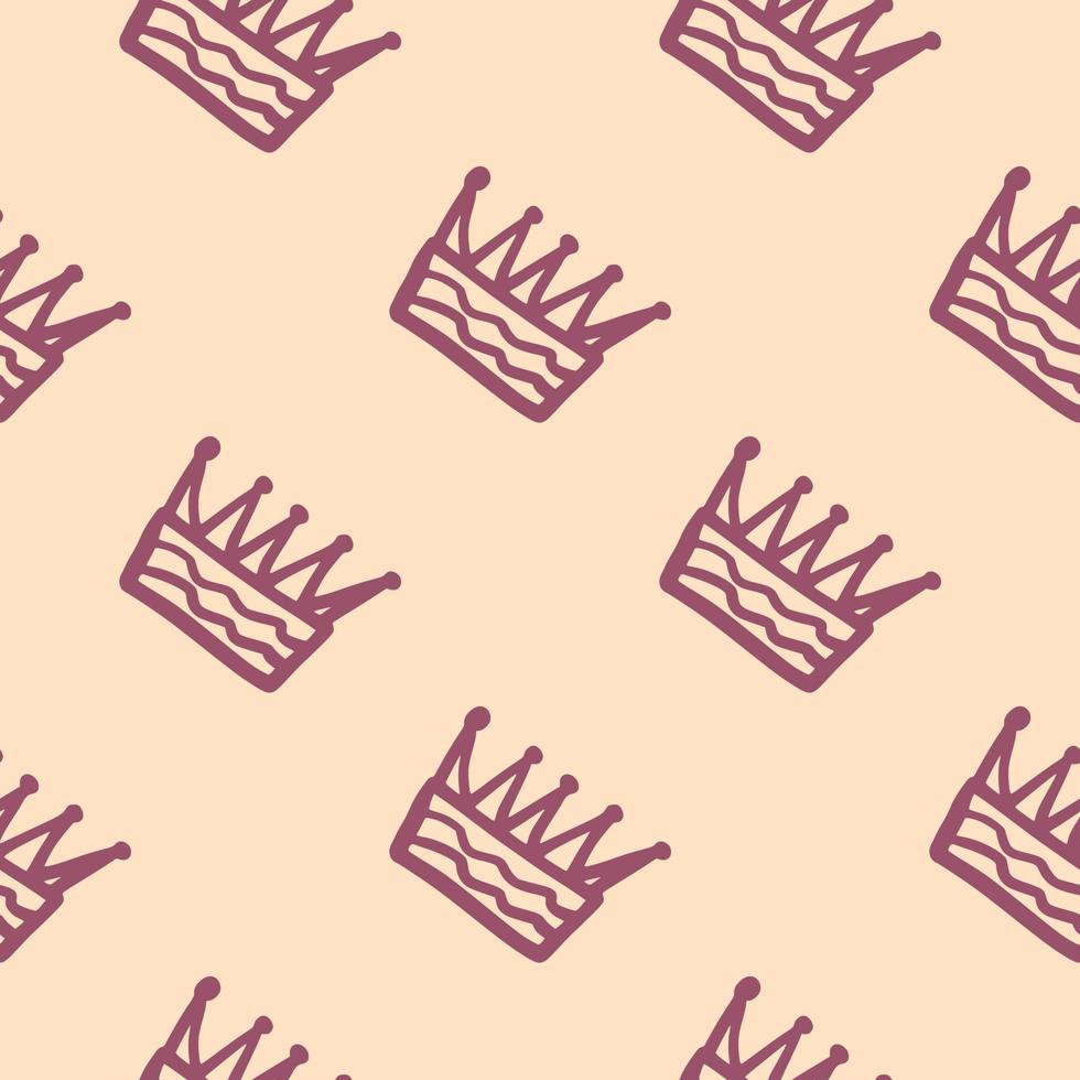 Seamless pattern with crown elements. Outline ornament with purple contour on light background. Minimalistic style. vector